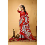 Red soft handloom cotton kalamkari printed saree with unstitched blouse, traditional Indian fashion accessory on mannequin