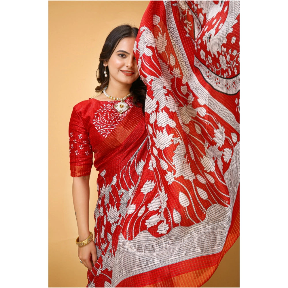 Red soft handloom cotton kalamkari printed saree with unstitched blouse, traditional Indian women's wear accessory