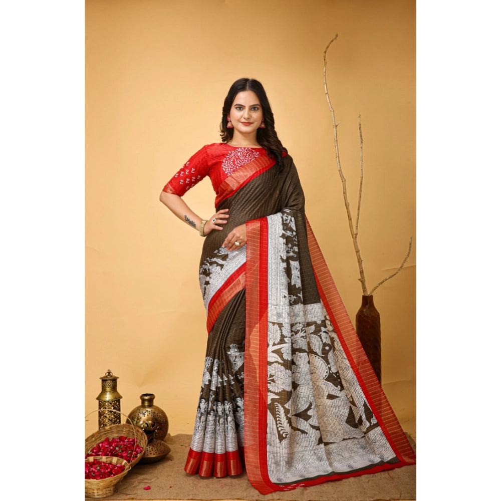 Brown soft handloom cotton Kalamkari printed saree with unstitched blouse, traditional Indian attire for women on display