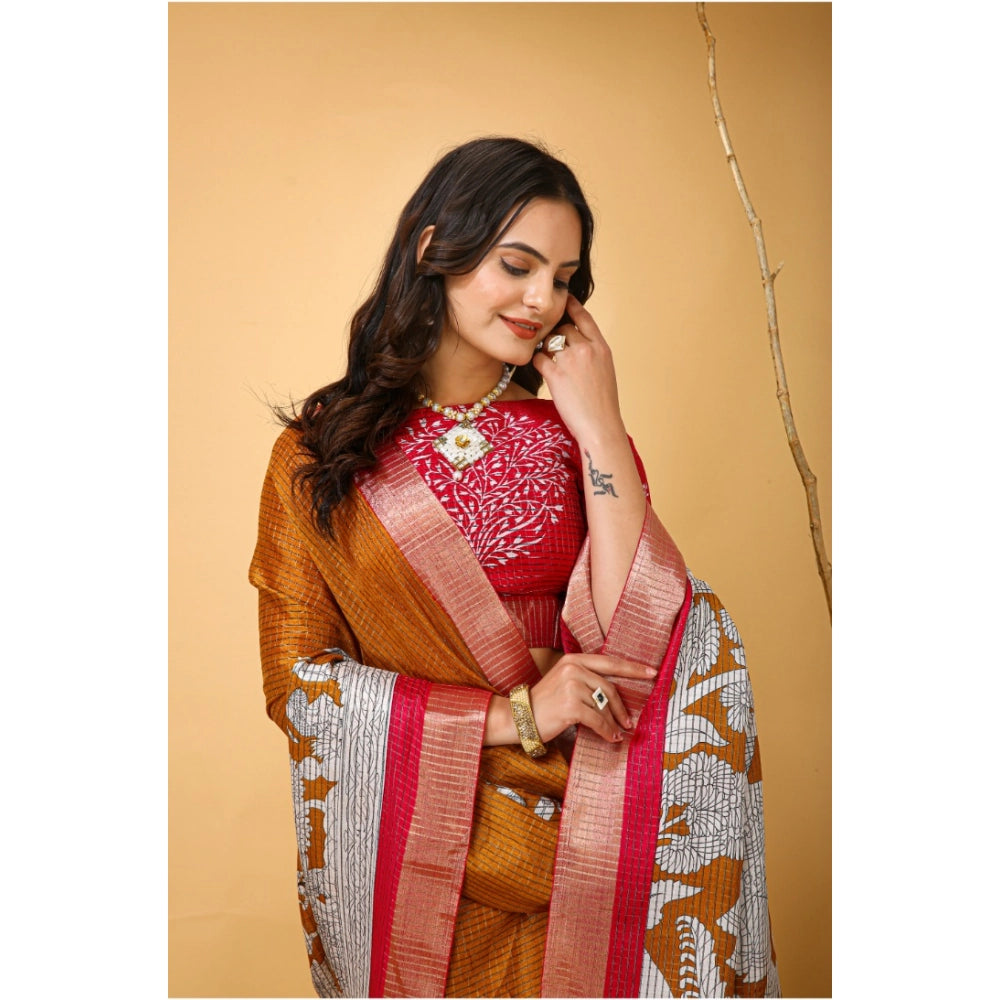 Mustard soft handloom cotton Kalamkari printed saree with unstitched blouse, traditional Indian attire on mannequin