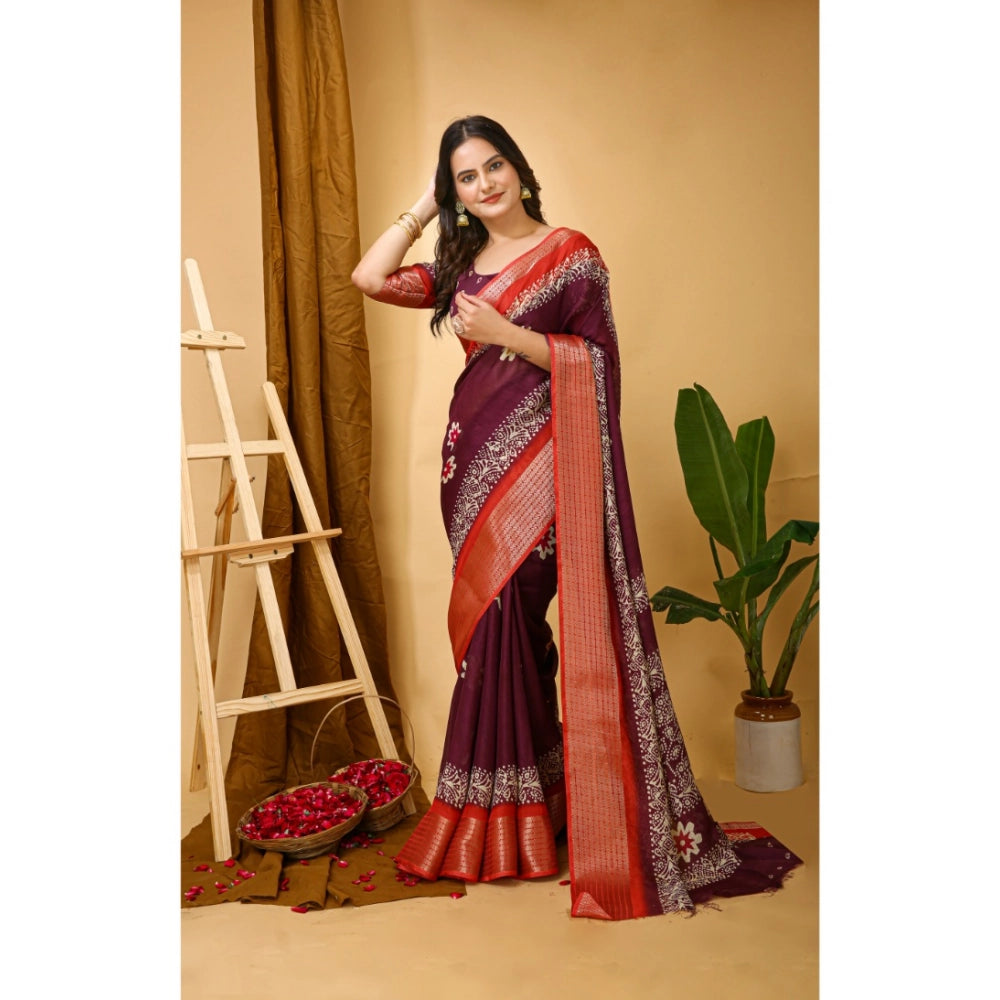 Wine colored Kalamkari printed saree with unstitched blouse, featuring soft blooming marshmallow fabric