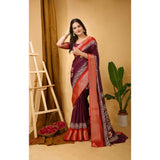 Wine colored Kalamkari printed saree with unstitched blouse, featuring soft blooming marshmallow fabric