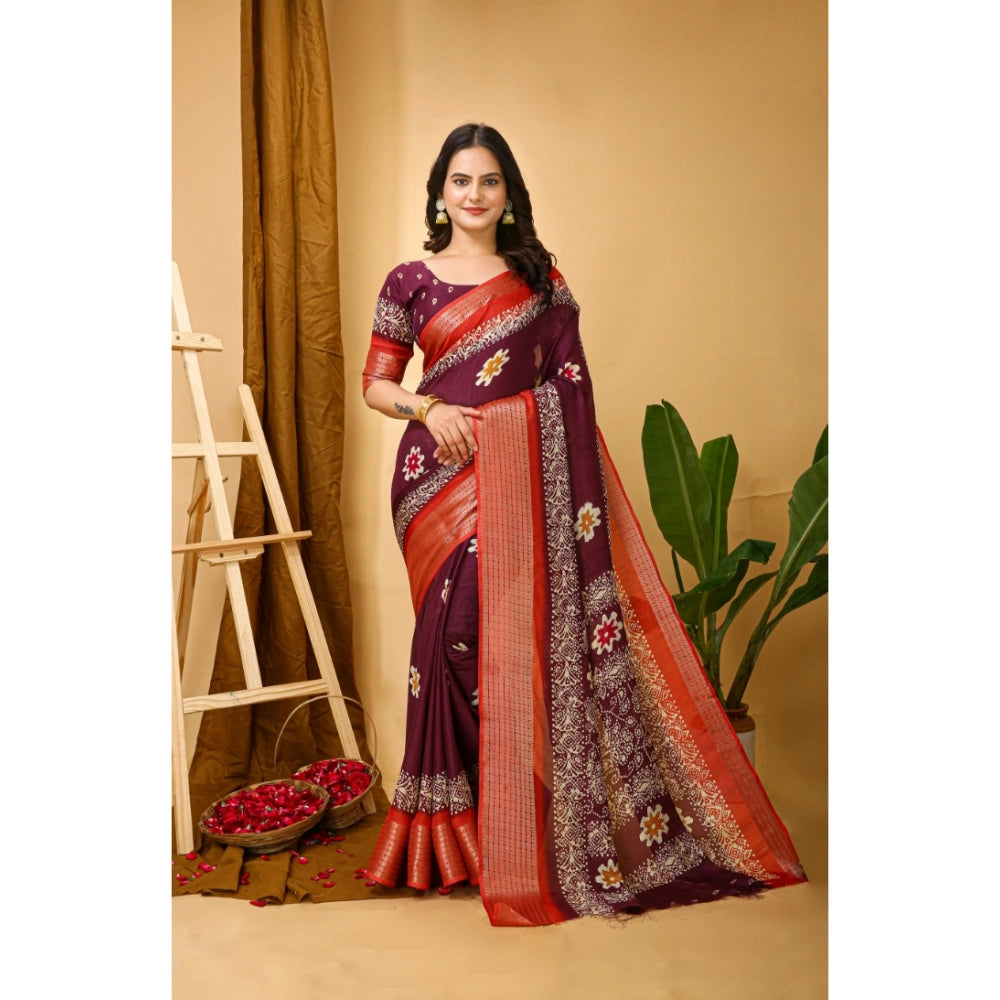 Women's wine-colored Kalamkari printed saree with unstitched blouse in soft blooming marshmallow fabric