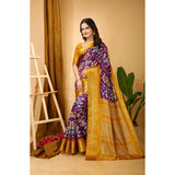 Purple Kalamkari printed soft Dola cotton saree with unstitched blouse, traditional Indian women's attire on display