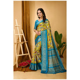 Yellow Kalamkari printed Dola cotton saree with unstitched blouse, vibrant Indian wear for women