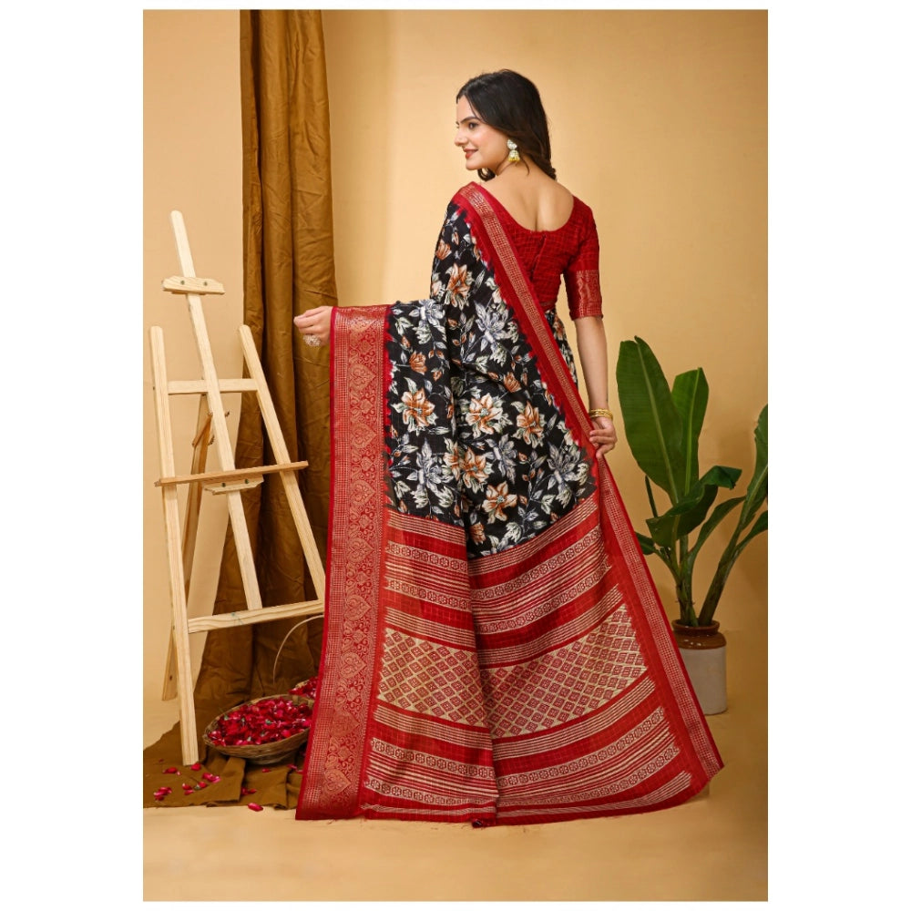 Black Kalamkari printed soft Dola cotton saree with unstitched blouse, vibrant traditional Indian attire