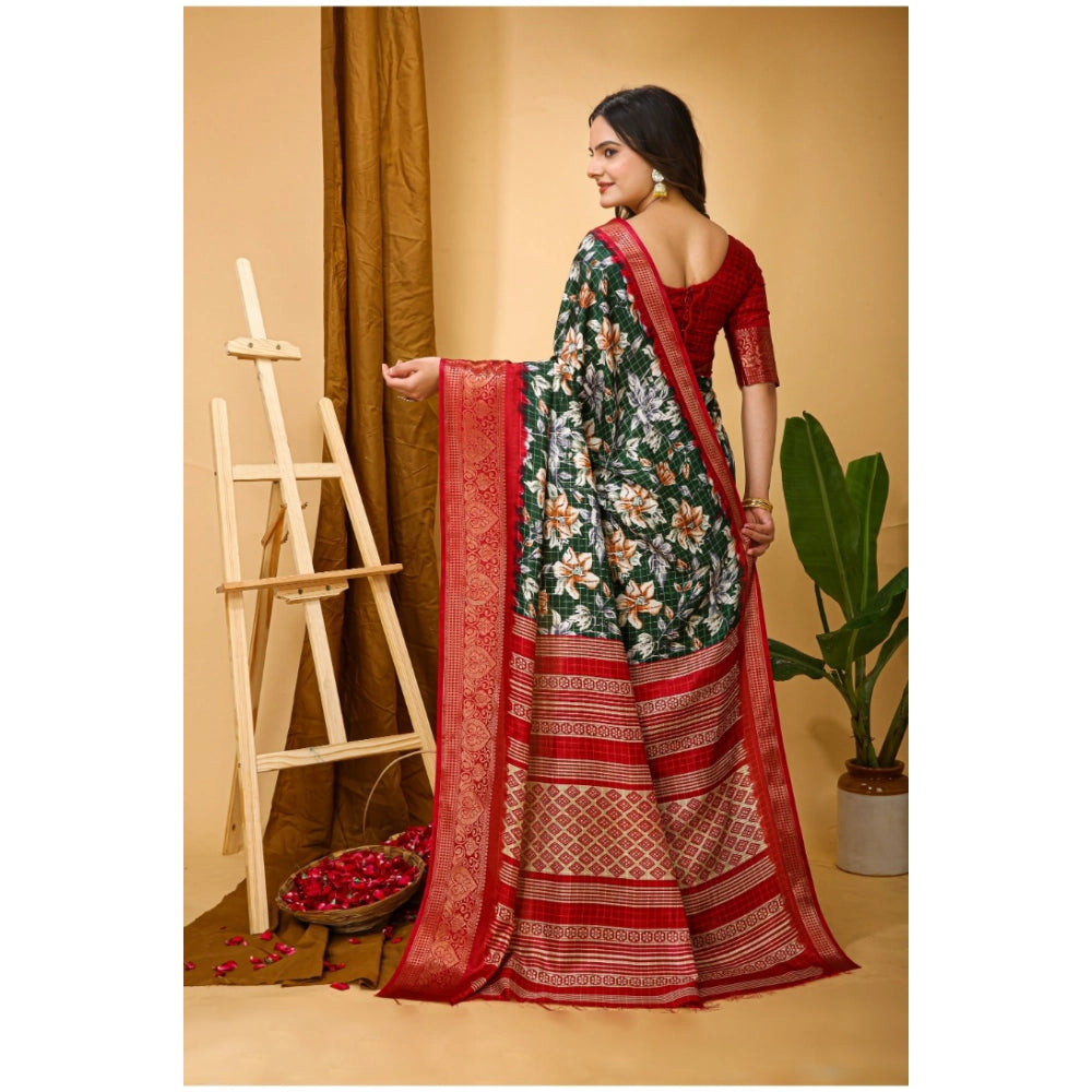 Green soft Dola cotton kalamkari printed saree with unstitched blouse, vibrant Indian traditional wear on hanger