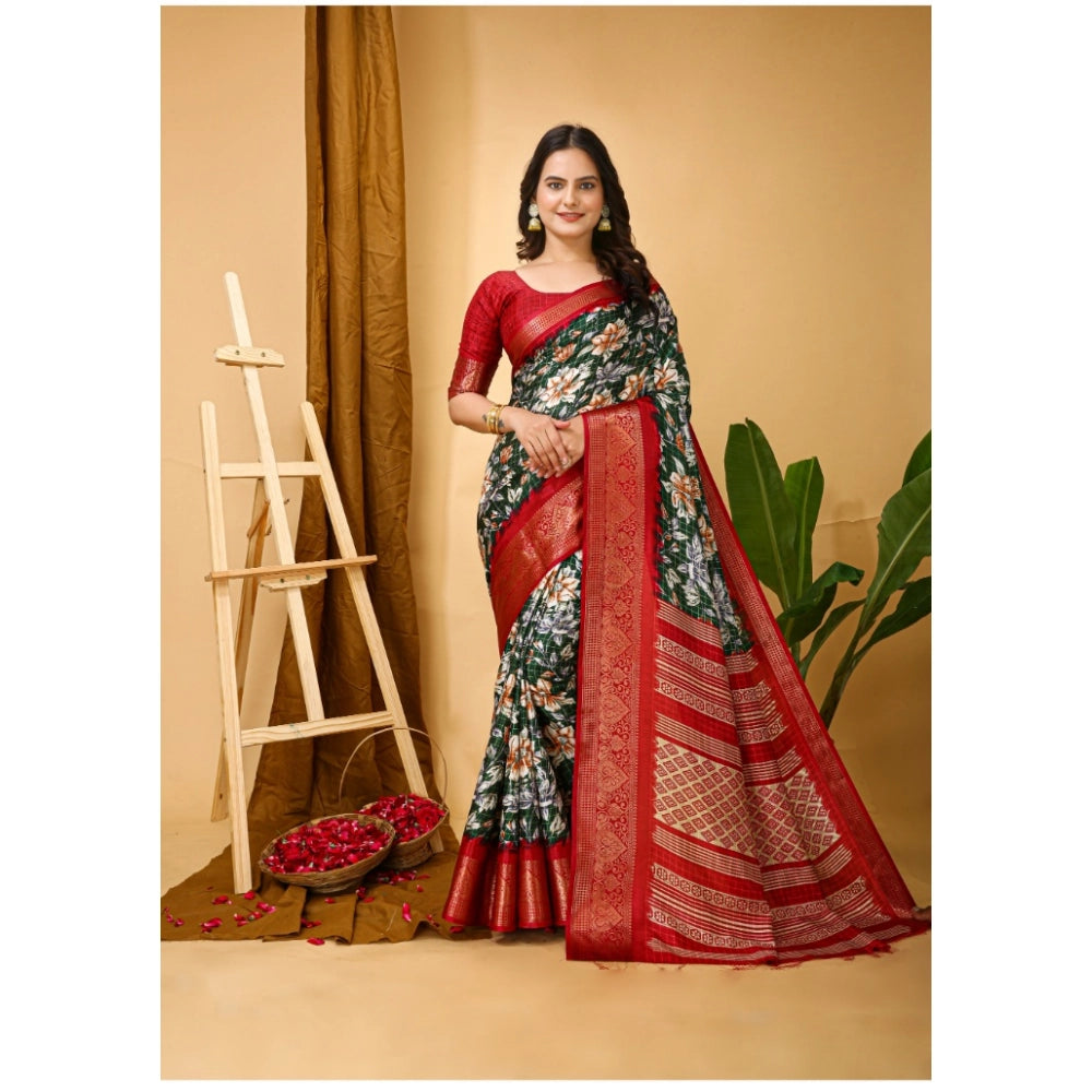 Green soft Dola cotton kalamkari printed saree with unstitched blouse, traditional Indian attire on model