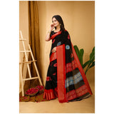 Black Kalamkari printed soft marshmallow fabric saree with unstitched blouse, traditional Indian women's fashion accessory