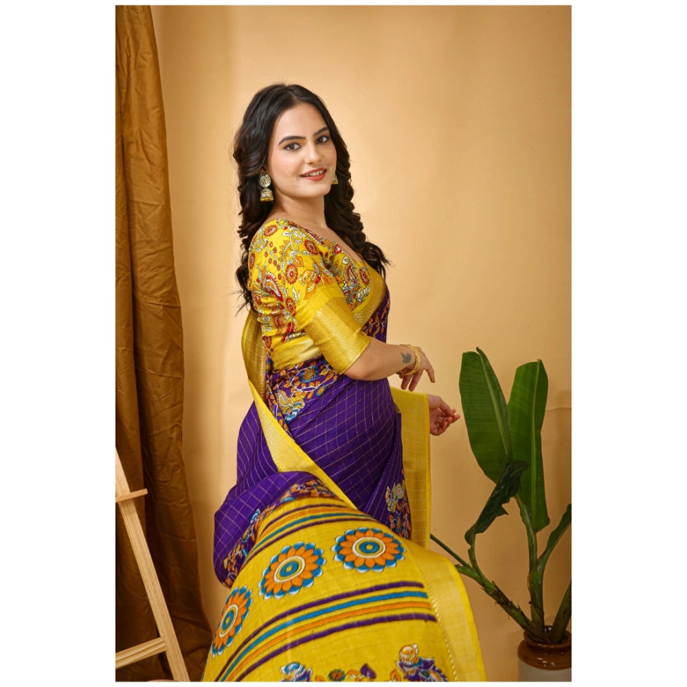 Purple Dola Cotton Kalamkari-printed saree with unstitched blouse, soft fabric for women's traditional Indian wear