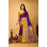 Purple Dola Cotton Kalamkari printed saree with unstitched blouse, women's traditional Indian wear