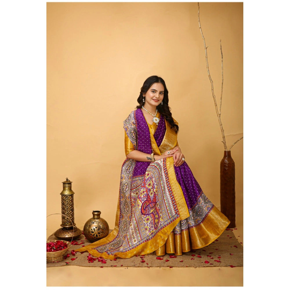 Purple soft dola cotton kalamkari printed saree with unstitched blouse, traditional Indian women's attire