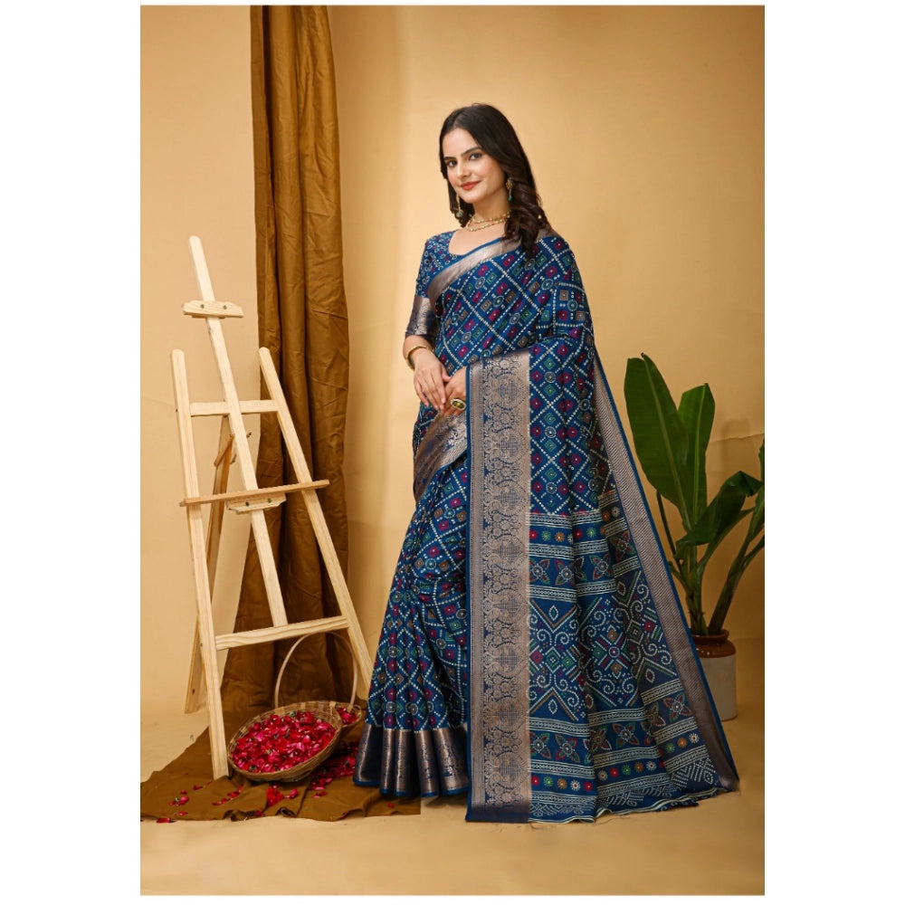 Blue soft Dola cotton Kalamkari printed saree with unstitched blouse, traditional Indian ethnic wear