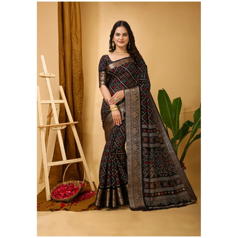 Black soft Dola cotton kalamkari printed saree with unstitched blouse, traditional Indian women's attire on mannequin