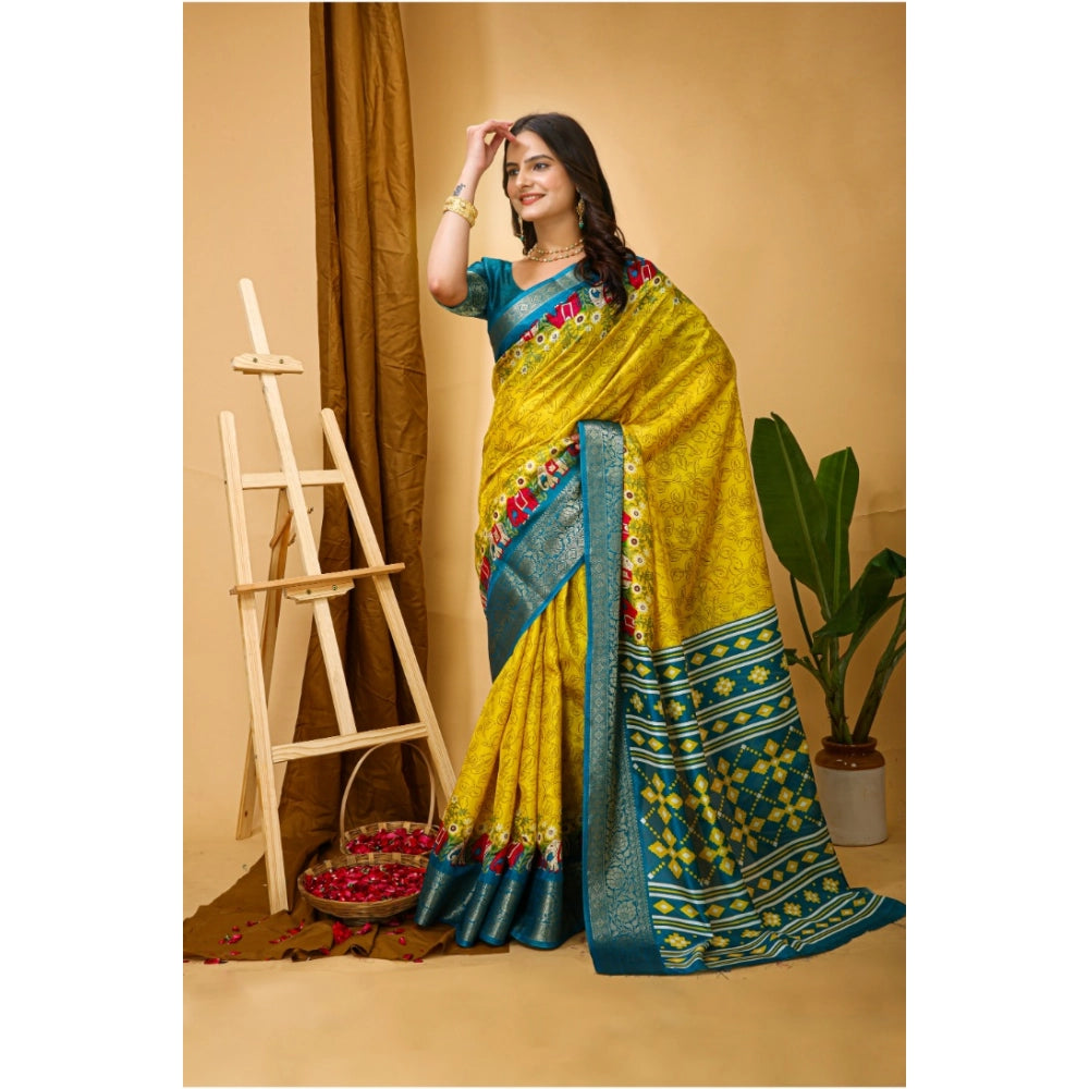 Yellow soft dola cotton kalamkari printed saree with unstitched blouse, vibrant traditional Indian attire for women