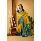 Yellow soft dola cotton kalamkari printed saree with unstitched blouse, vibrant traditional Indian attire for women