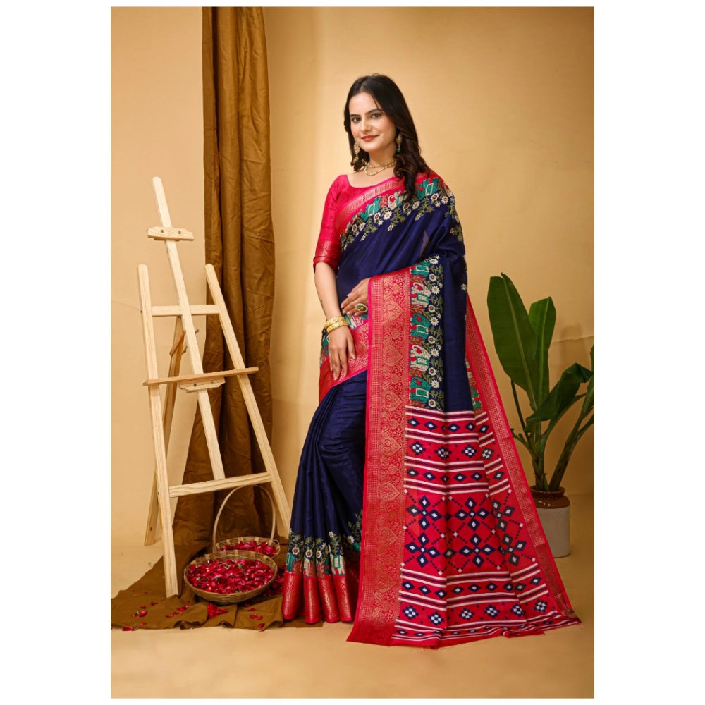 Navy blue Kalamkari printed soft Dola cotton saree with unstitched blouse, traditional Indian women's wear on display