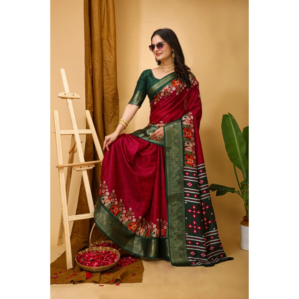 Red soft Dola cotton kalamkari printed saree with unstitched blouse, traditional Indian women's attire on display