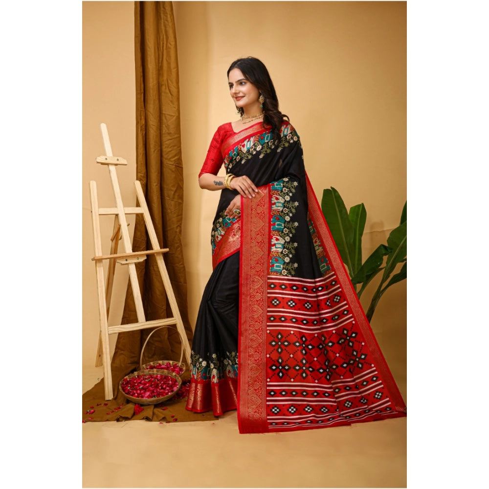 Black Kalamkari-printed soft dola cotton saree with unstitched blouse, traditional Indian women's attire