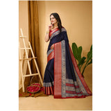 Navy Blue Kalamkari Printed Soft Dola Cotton Saree with Unstitched Blouse, traditional Indian women's attire