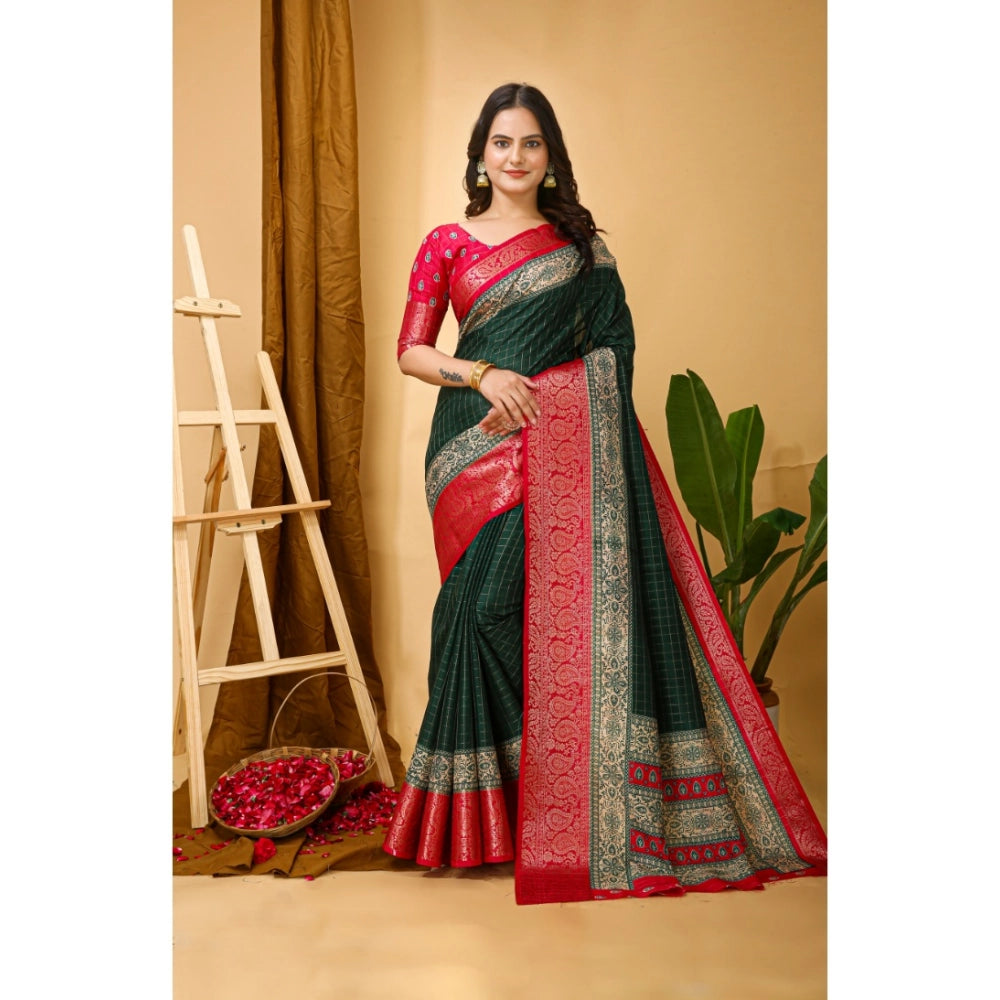 B.Green Kalamkari printed soft dola cotton saree with unstitched blouse, vibrant Indian wear on mannequin