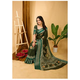 Green Kalamkari-printed soft marshmallow fabric saree with unstitched blouse, vibrant Indian women's wear