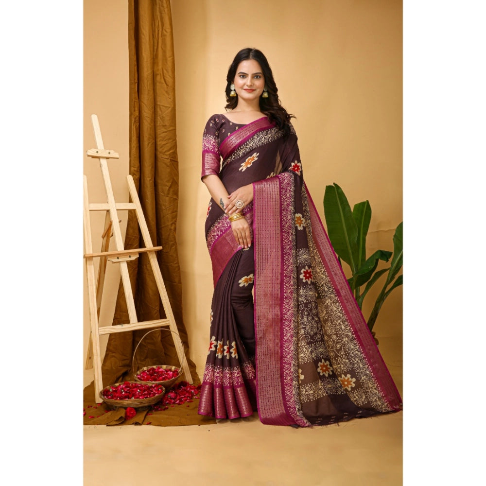 Maroon Kalamkari printed saree with unstitched blouse, soft marshmallow fabric