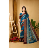 Blue soft blooming marshmallow fabric kalamkari printed saree with unstitched blouse, traditional Indian women's wear on display