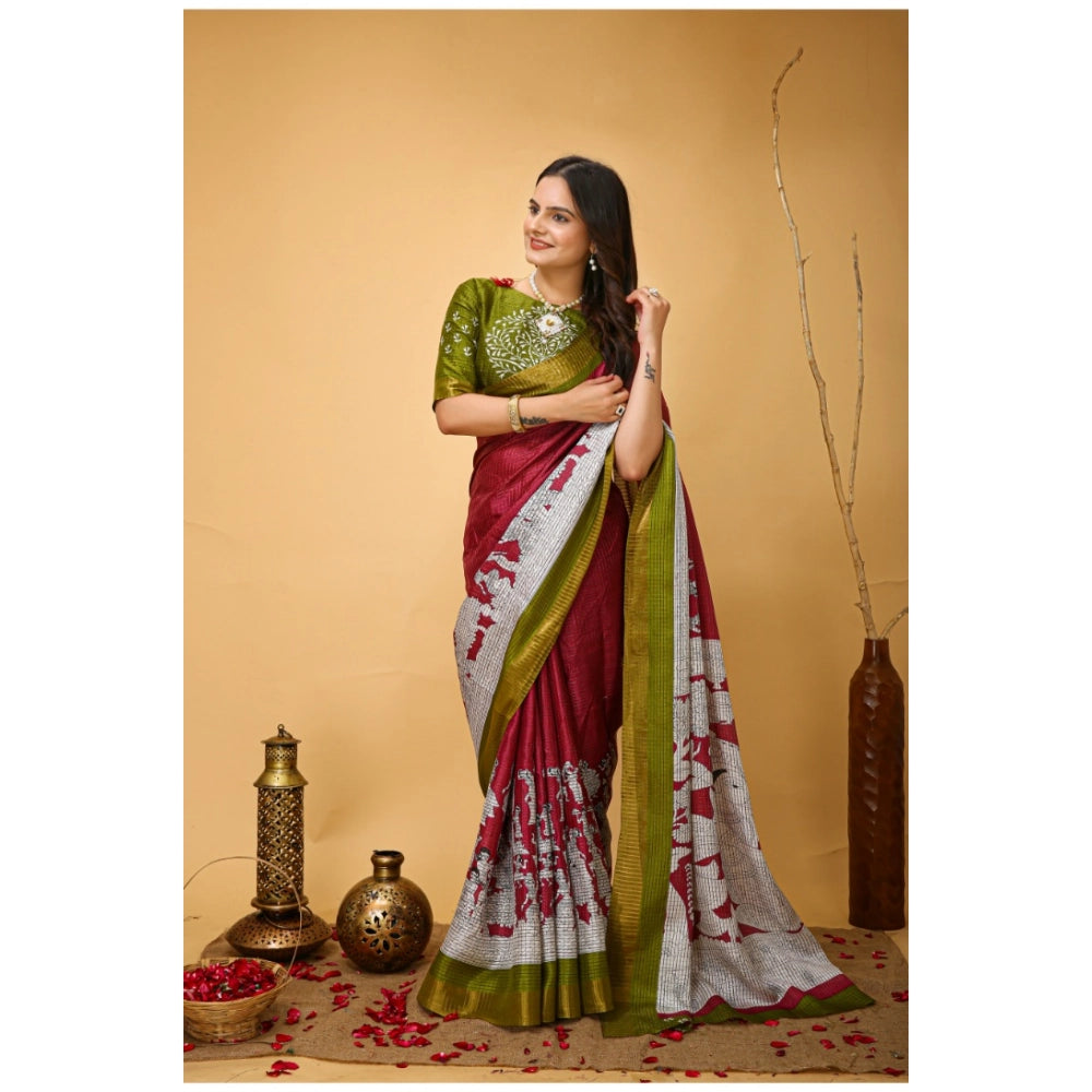 Maroon handloom cotton Kalamkari printed saree with unstitched blouse, soft fabric detail