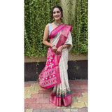 White soft Dola cotton Kalamkari printed saree with unstitched blouse, traditional Indian attire for women