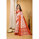 Red soft cotton silk printed saree with unstitched blouse (5.5mtr), women's ethnic wear on mannequin