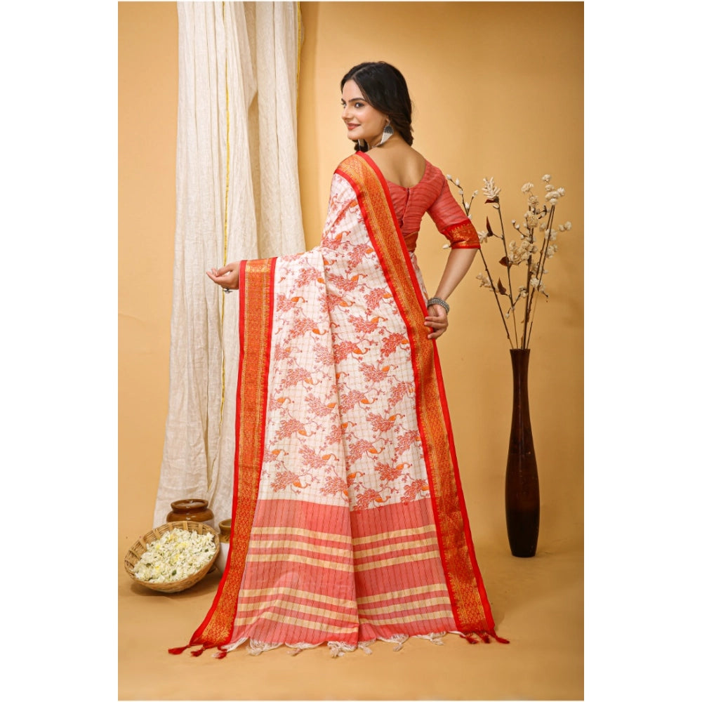 Red soft cotton silk printed saree with unstitched blouse, vibrant Indian women's wear