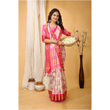 Pink soft cotton silk printed saree with unstitched blouse, vibrant floral design on women's traditional Indian wear