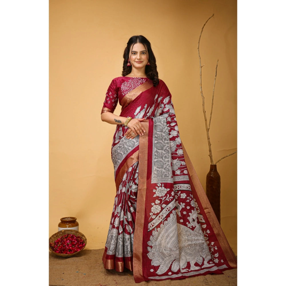 Maroon soft handloom cotton Kalamkari printed saree with unstitched blouse, traditional Indian women's wear accessory