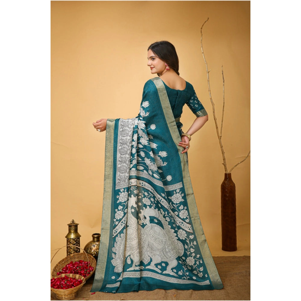 Turquoise soft handloom cotton kalamkari printed saree with unstitched blouse, vibrant traditional Indian garment on mannequin