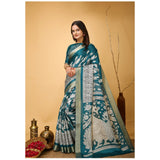 Turquoise soft handloom cotton kalamkari printed saree with unstitched blouse, vibrant traditional Indian attire on display