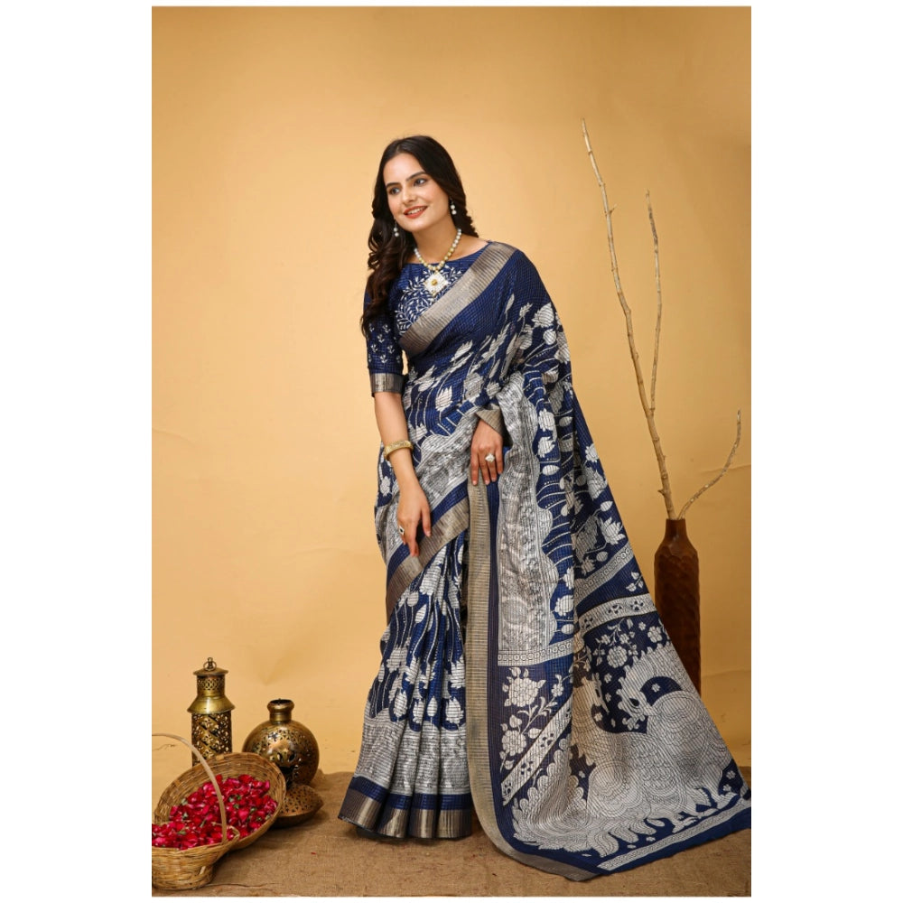 Blue soft handloom cotton Kalamkari printed saree with unstitched blouse (5.5mtr)