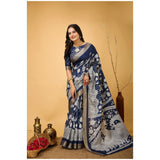 Blue soft handloom cotton Kalamkari printed saree with unstitched blouse (5.5mtr)