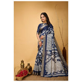 Blue soft handloom cotton kalamkari printed saree with unstitched blouse, traditional Indian attire on model