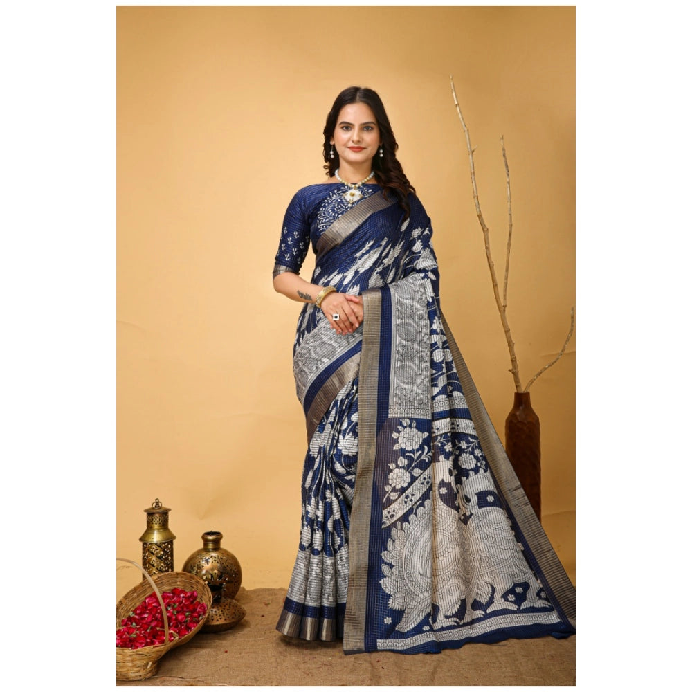 Blue soft handloom cotton kalamkari printed saree with unstitched blouse, traditional Indian fashion accessory
