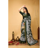 Green soft handloom cotton kalamkari printed saree with unstitched blouse, traditional Indian fashion accessory