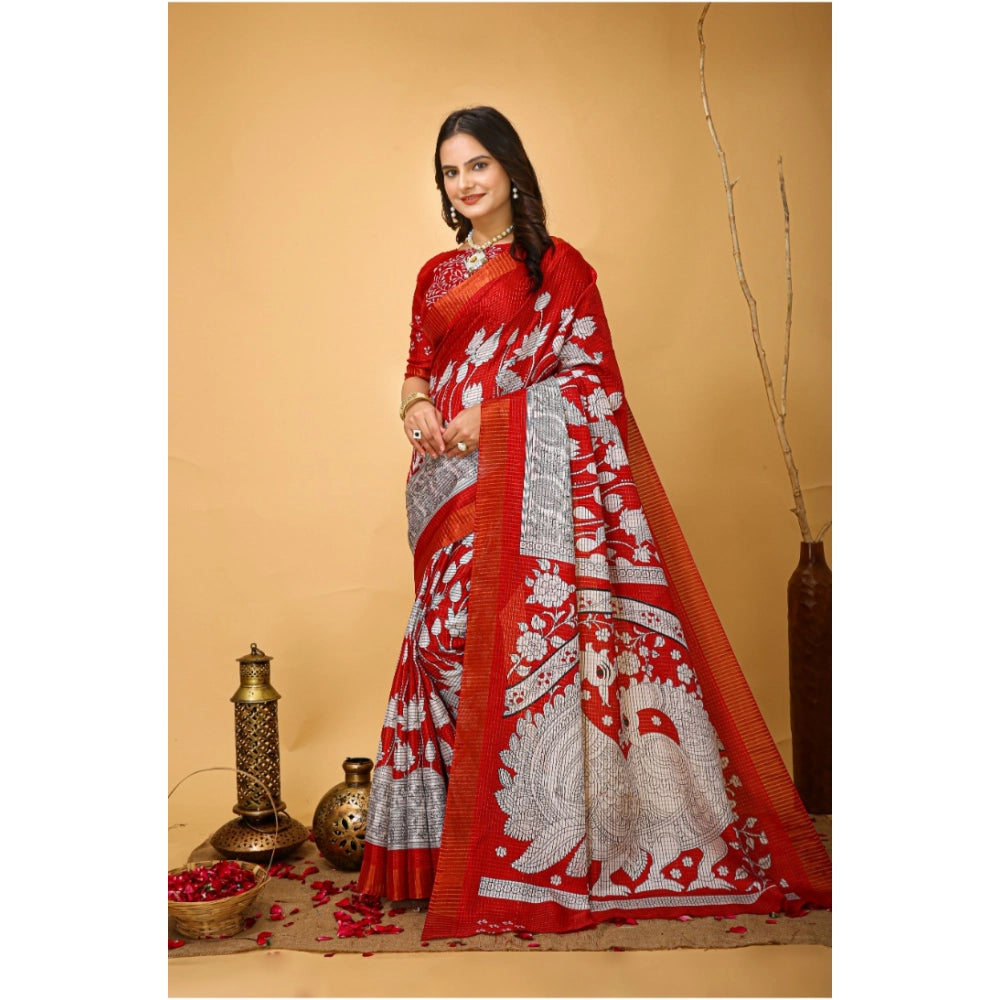 Soft handloom cotton red kalamkari printed saree with unstitched blouse, traditional Indian attire on display