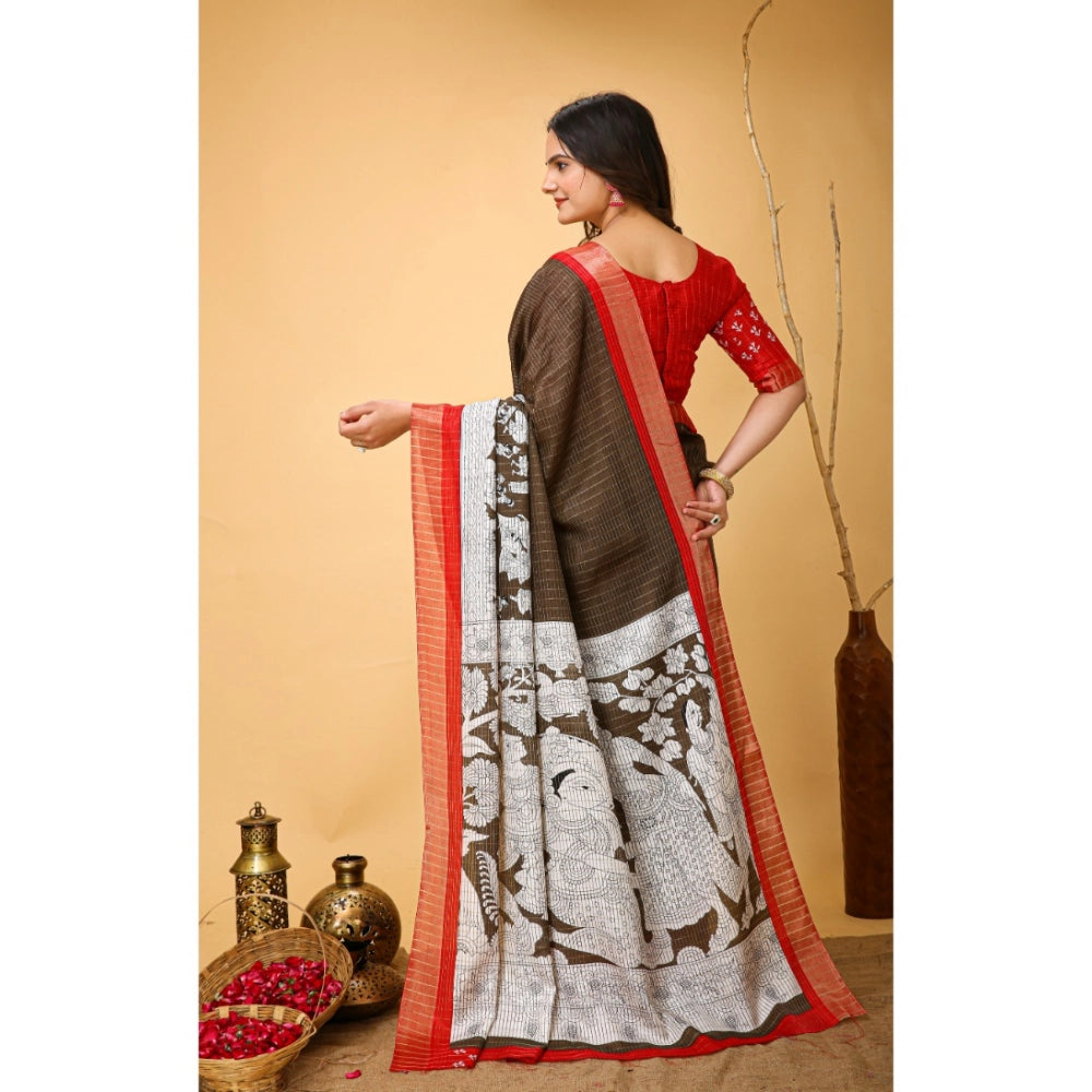 Brown soft handloom cotton kalamkari printed saree with unstitched blouse, traditional Indian fashion wear on mannequin