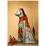 Orange soft handloom cotton kalamkari printed saree with unstitched blouse, vibrant traditional Indian attire on mannequin