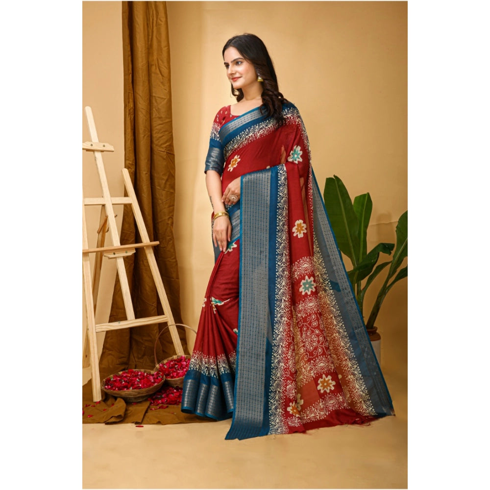 Red kalamkari printed saree with unstitched blouse on display, soft blooming marshmallow fabric