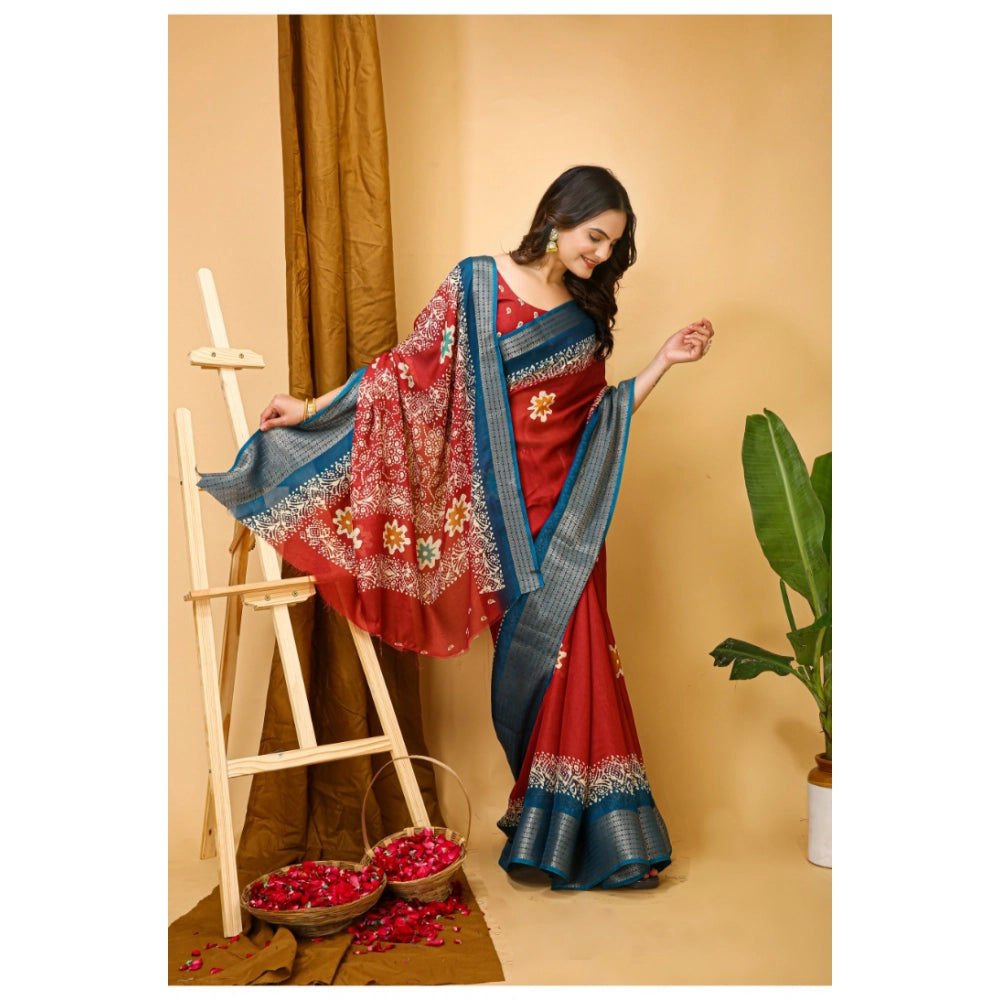 Red Kalamkari printed saree with unstitched blouse, soft blooming marshmallow fabric