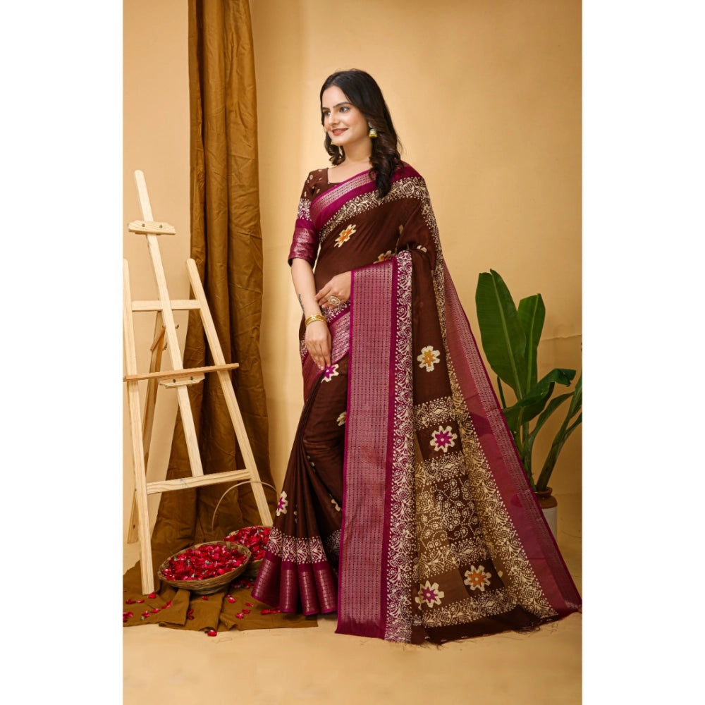 Maroon Kalamkari printed saree with unstitched blouse, soft marshmallow fabric