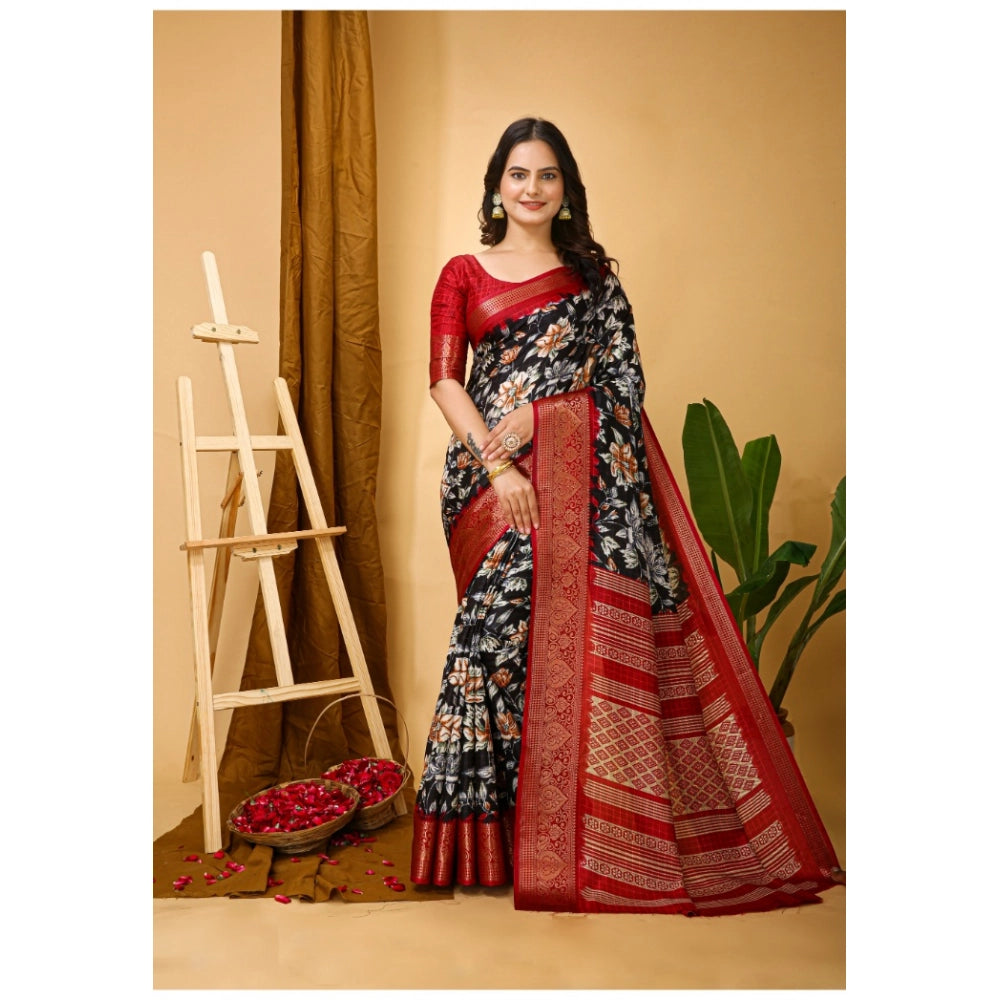 Black soft Dola cotton Kalamkari printed saree with unstitched blouse, traditional Indian women's wear