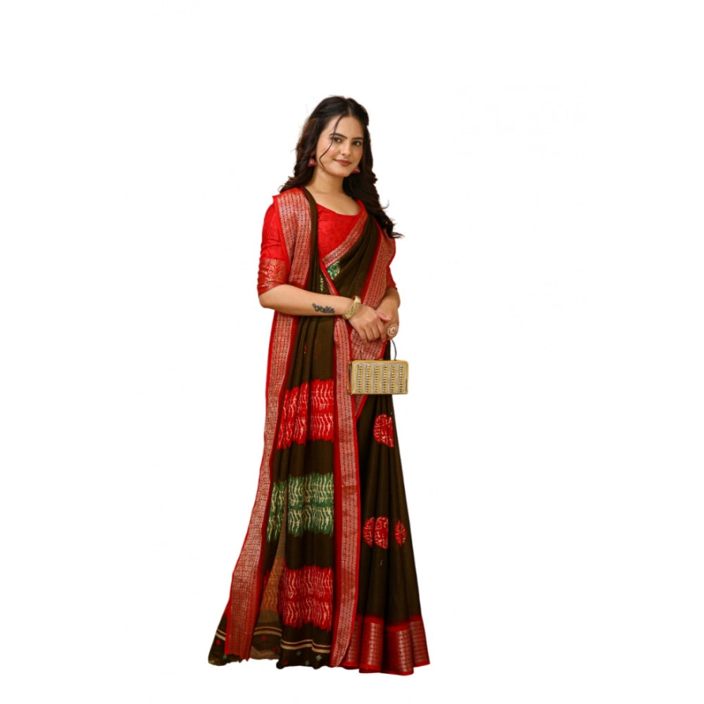 Soft blooming marshmallow fabric Mehendi saree with unstitched blouse, Kalamkari printed for traditional Indian wear