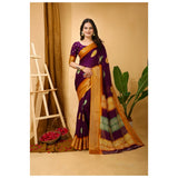 Wine-colored women's soft marshmallow fabric kalamkari printed saree with unstitched blouse, intricate pattern details